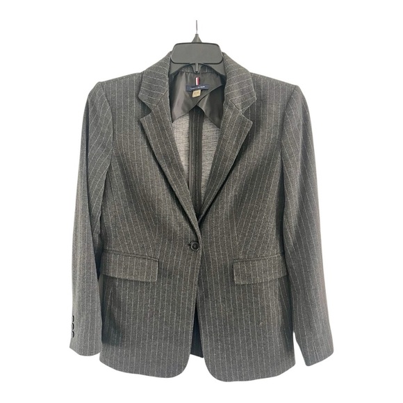 Tommy Hilfiger Pin-Striped Gray Blazer Women's Size 10 Open Front Casual - Picture 1 of 8